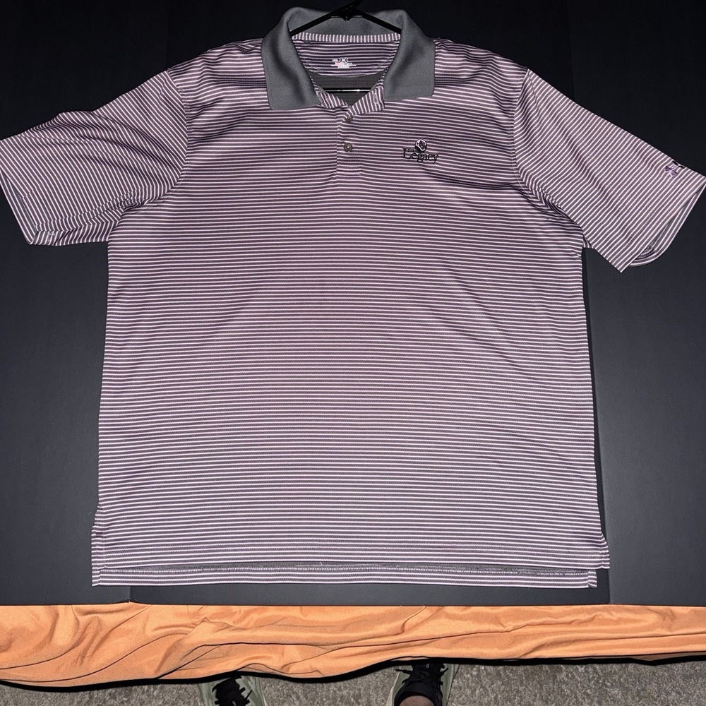 Mens XXL Under Armour Polo Shirt Grey Purple Excellent Striped Heatgear Golf Top